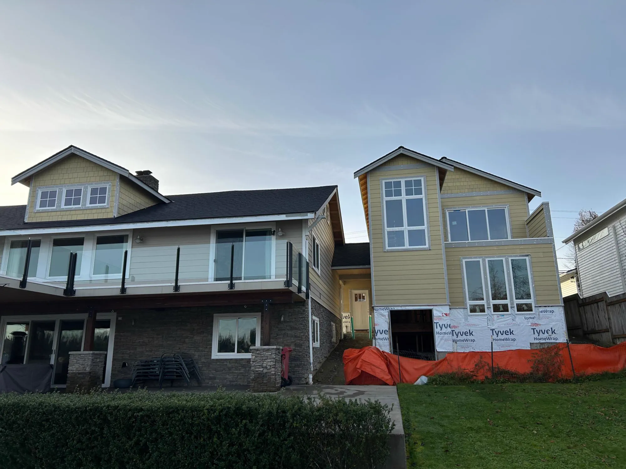 During: the ADU framed, sided and in house wrap where it attaches to the main house